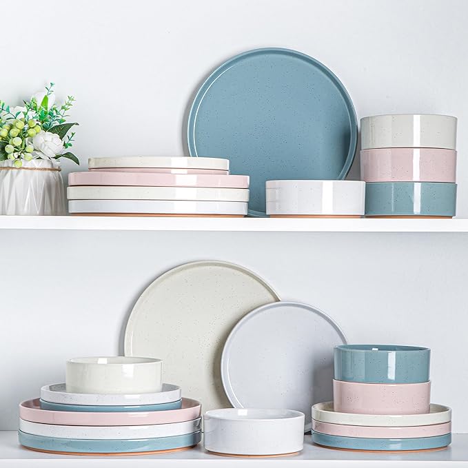 AmorArc Ceramic Dinnerware Set for 4 | Handpainted Stoneware Plates and Bowls with Rustic unglazed terracotta | Scratch Resistant, Dishwasher & Microwave Safe Dishes Sets- 12-Pcs Colorful