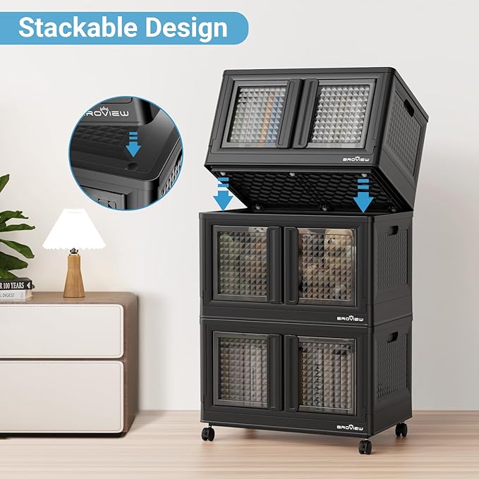 BROVIEW 300Qt Stackable Storage Bins with Lids, 75Gal Closet Organizers and Storage Drawer, Plastic Collapsible Storage Bins with Doors, Heavy Duty Store Box Cabinet for Home Kitchen, 3Pack Black