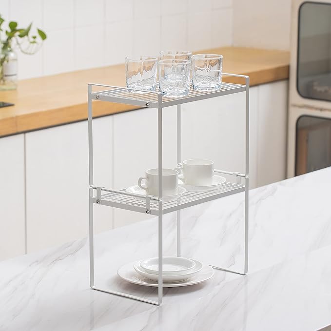 2pk Kitchen Cabinet Shelf Counter Organizer Rack Pantry Storage Bathroom Bedroom Office Table Desk Space Saving Steel Frame Stackable Rust Resistant Non Slip White-Tall- L13in W8.3in H9.5in