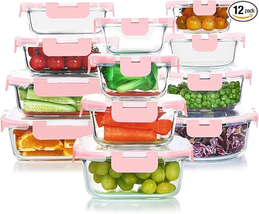 24 Pieces Glass Food Storage Containers Set, Meal Prep Containers-Stackable Airtight Glass Storage Containers with lids,Freezer, Microwave, Oven Safe,Pink