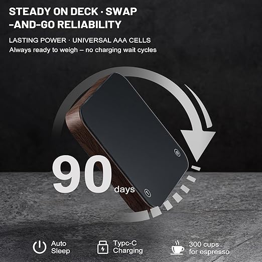 KitchenTour CaféMetric Coffee Scale with Timer 0.1g/2000g - Precision Scale for Espresso & Pour Over - Water Flow Speed Mode and Coffee Powder-to-Liquid Ratio Mode - Rechargeable, LCD Display-Wood