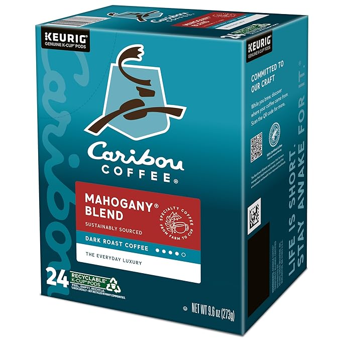 Caribou Coffee Mahogany Keurig Single-Serve K-Cup Pods, Dark Roast Coffee, 96 Count (Pack of 4)