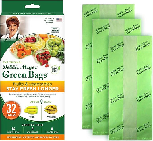 Debbie Meyer, GreenBags 32-Pack (16M, 8L, 8XL) | Reusable Storage Bags Keeps Fruit, Vegetables, Produce, Cut Flowers Fresh Longer, Kitchen & Fridge Preservation Solution, BPA Free, Made in the USA