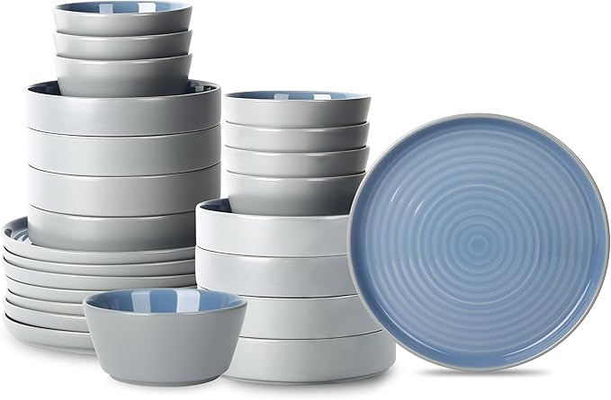 Stone Lain Elica 24-Piece Modern Dinnerware Set Stoneware, Plates and Bowl Sets for 8, Beige and Black