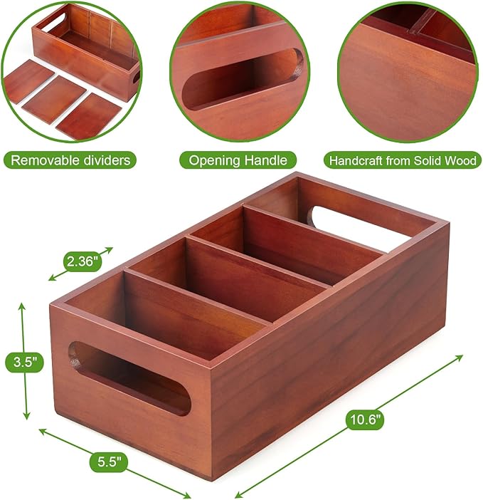 DRASTAR Seasoning Packet Organizer, Wood Kitchen Pantry Organizers and Storage Bin, Sauce Packet Organizer, Snack & Spice Organization for Cabinet, Brown