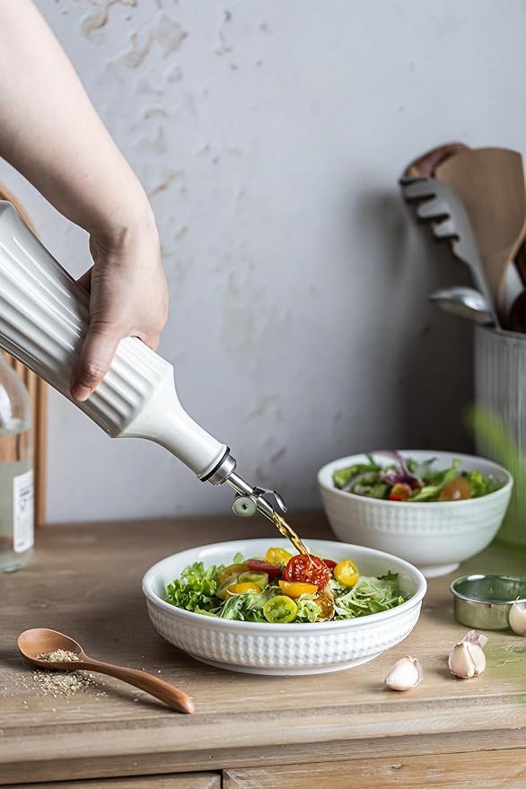 LYEOBOH Olive Oil Dispenser Bottle, Oil Dispenser for Kitchen, Ceramic Cooking Vinegar Dispensing Bottles with Spout, White