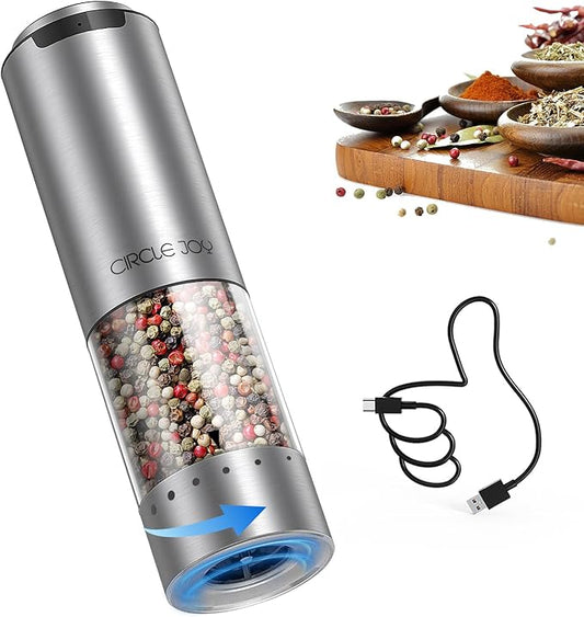 CIRCLE JOY Electric Pepper Grinder Stainless Steel Rechargeable Pepper Mill with External Adjustable Coarseness, 95ml Container and White LED Light, Silver
