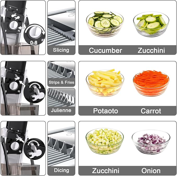 All-in-1 Update Safe Mandoline Slicer for Kitchen, Food Chopper with Container, Thickness Adjustable Vegetable Chopper, Potato French Fry Cutter Tomato Apple Slicer Onion (BlackWhite)