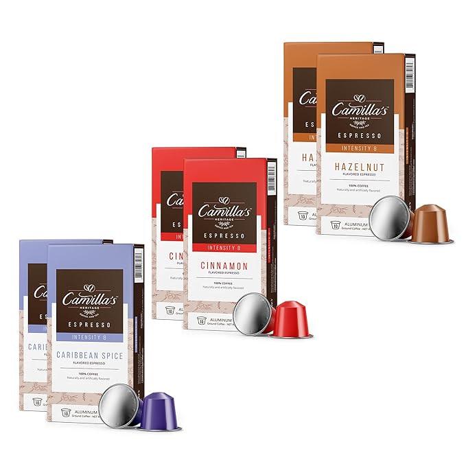 Camilla’s Heritage - Intensity 8 Flavored Espresso Coffee Spiced Variety Pack (Caribbean Spice, Cinnamon & Hazelnut Espresso Cups) 60 Coffee Pods