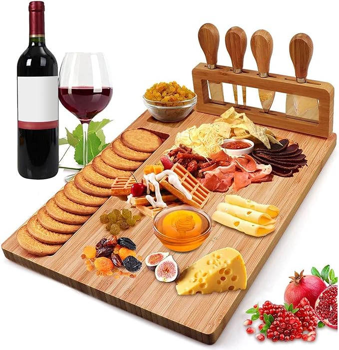 Bamboo Cheese Board Set, Cheese Tray, Charcuterie Board and Serving Meat Platter with 4 Stainless Steel Cheese Knives, Ideal for Wedding Gifts Christmas Birthday Party (14''x11'')