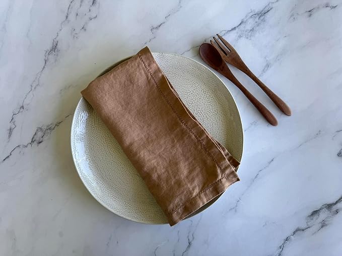 Hemstitched Linen Napkins – 20 Inch x 20 Inch – Stonewashed Pure Linen Cloth Dinner Napkins with Mitered Corners - 100% French Flax – Machine Washable - Set of 4 (Caramel)
