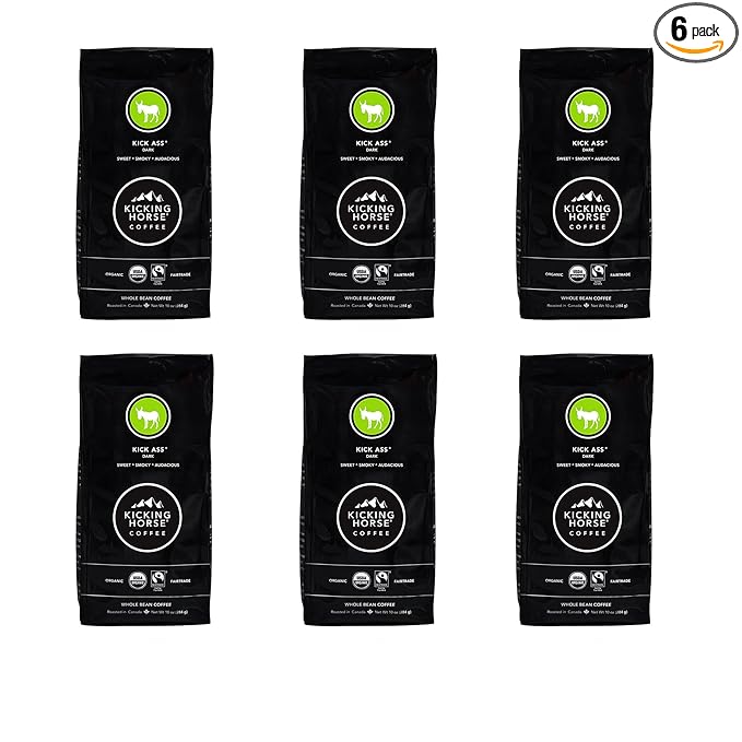 Kicking Horse Coffee, Kick Ass, Dark Roast, Whole Bean, 10 oz - Certified Organic, Fairtrade, Kosher Coffee (Pack of 6),10 Ounce (Pack of 6)