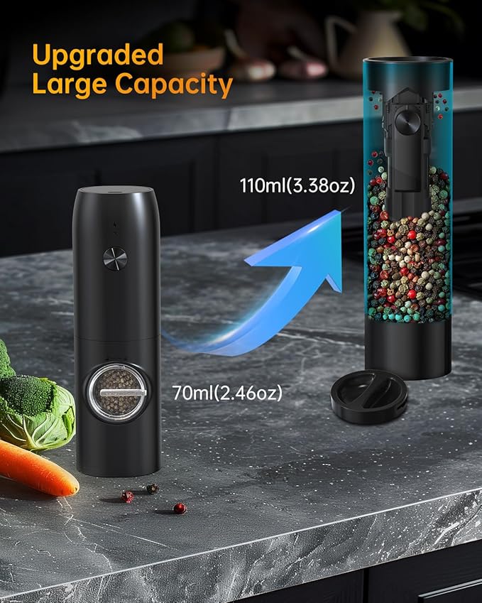 CIRCLE JOY Electric Pepper Mill Top-Refill Battery Operated Black Pepper Grinder with Upgraded Large Capacity, Adjustable Coarseness, Led Light