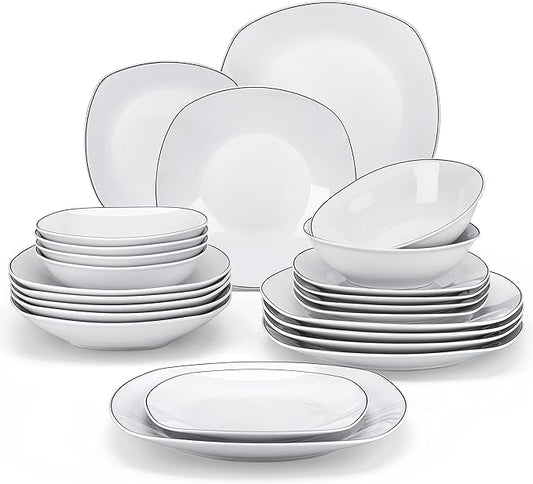 MALACASA Dinnerware Sets, 24 Piece Porcelain Square Dishes, White with Black Rim Plates and Bowls Sets, Ceramic Dish Set for 6, Chip Resistant Dishware Sets, Series ELISA