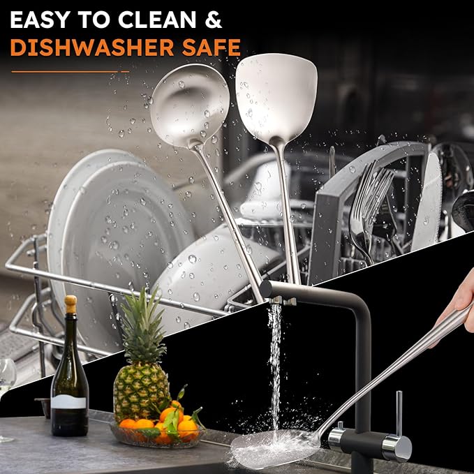 MARTE 17’’ Wok Spatula and Ladle Tools Set，[High Grade,Rustproof, Integral Forming, Heat Resistant],18/10 Stainless Steel Wok Utensils for Cooking，Ergonomic Wok Accessories Set of 2 for Kitchen