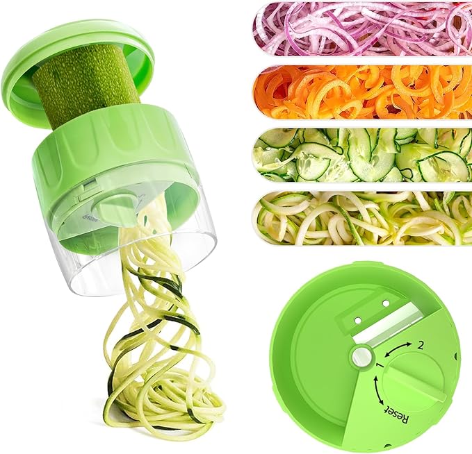 Handheld Low-Carb Spiralizer，3-in-1 Veggie Noodle Maker for Zucchini, Carrots & More, Compact Design for Small Kitchens, Rust-Resistant Stainless Steel Blades(Green)