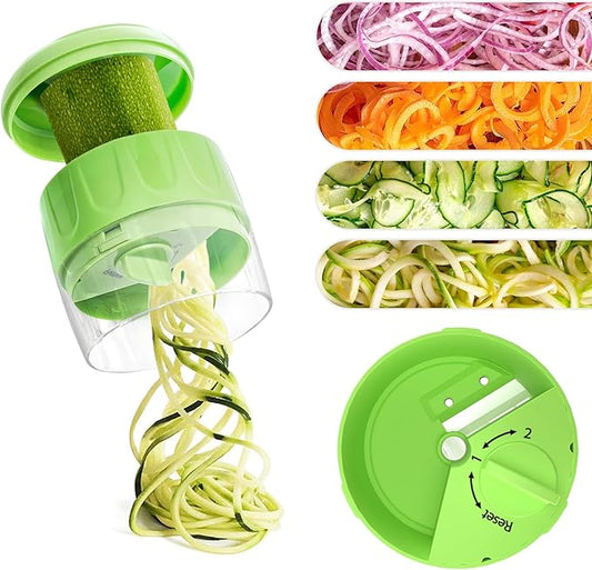 Handheld Low-Carb Spiralizer，3-in-1 Veggie Noodle Maker for Zucchini, Carrots & More, Compact Design for Small Kitchens, Rust-Resistant Stainless Steel Blades(Green)