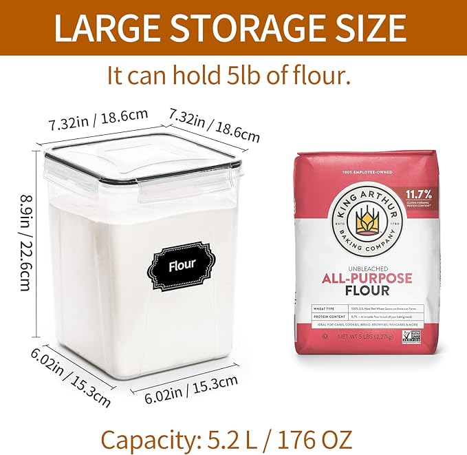 4 Pack Large Airtight Food Storage Containers with Lids (5.2L / 176oz), BPA Free Plastic Kitchen and Pantry Organization Contianers for Cereal Flour and Sugar Storage, Labels & Marker
