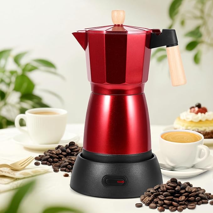 AOZBZ Moka Pot Electric Espresso Coffe Maker, 300ml 6 Cups Portable Coffee Pot with Overheat Protection and Detachable Base, Electric Espresso Maker, 450W, Red