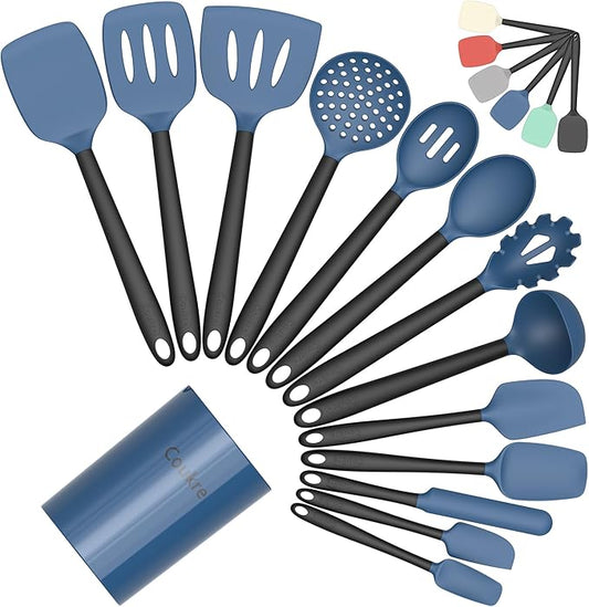 Coukre Silicone Kitchen Cooking Utensils Set with Holder – Heat-Resistant, Food-Grade Kitchen Tools, Spatula, Spoon & Gadgets for Non-Stick Pans, Dishwasher Safe (14, DarkBlue)