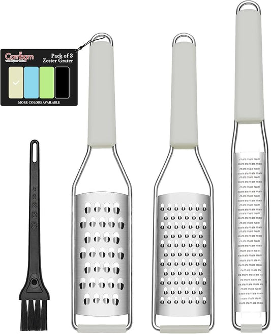 Cambom Lemon Zester Grater Three-piece Suit - Heavy Duty Kitchen Tool for Parmesan Cheese, Ginger, Garlic, Nutmeg, Chocolate, Vegetables，Fruits，Stainless Steel Grater Dishwasher Safe Clear