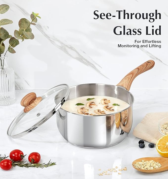 KOCH SYSTEME CS Stainless Steel Saucepan, 3 Quart Sauce Pan with Heat-resistant Bakelite Handle, 18/10 Stainless Steel Pot with Lid, Triply Steel Sauce Pan with Lid, Induction Compatible