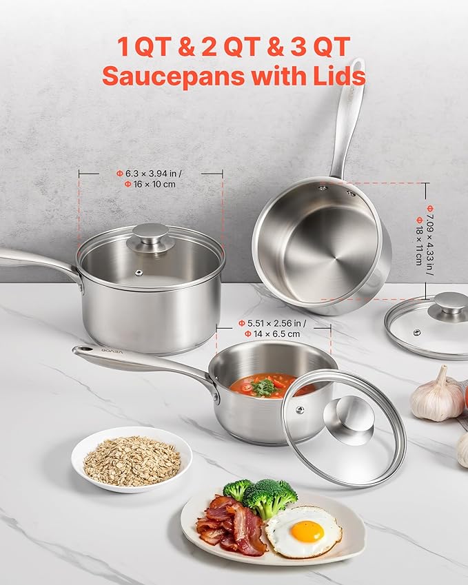 VEVOR Stainless Steel Saucepan Set, 1 QT & 2 QT & 3 QT Saucepans with Glass Lids, Multipurpose Nonstick Stainless Steel Sauce Pot with Ergonomic Handle, Friendly for Oven, Dishwasher, Induction Cooker