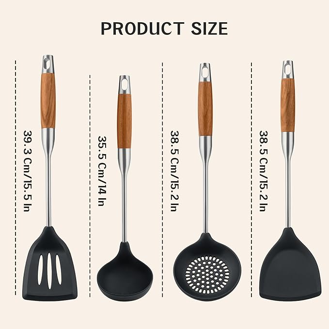 FJNATINH Silicone Spatula,Turner,Ladle,Skimmer Tool Set,Stainless Steel Non Stick Heat-Resistant Cooking Utensils BPA Free Kitchen Utensils Cookware Wooden Handle,4 Pieces