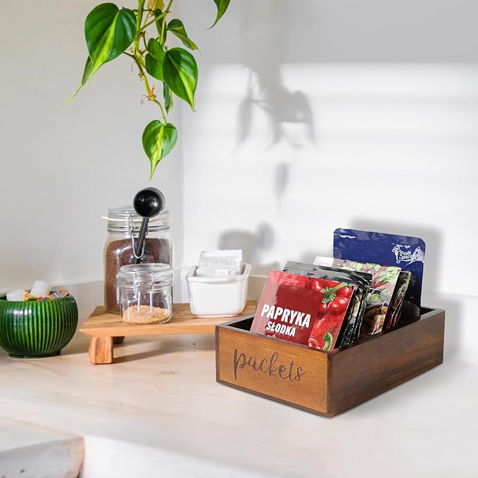 Packet Organizer, Acacia Wood Packet Storage Organizer with 3 Compartments,Farmhouse Kitchen Organization for Spice, Gravy, Taco, and Dressings Packets for Kitchen, Brown Labeled Packets