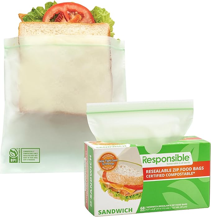 Certified Compostable SANDWICH Resealable Zip Bag, Extra Strength Food Bags, Plant-Based Freezer-Safe (68 Pack)