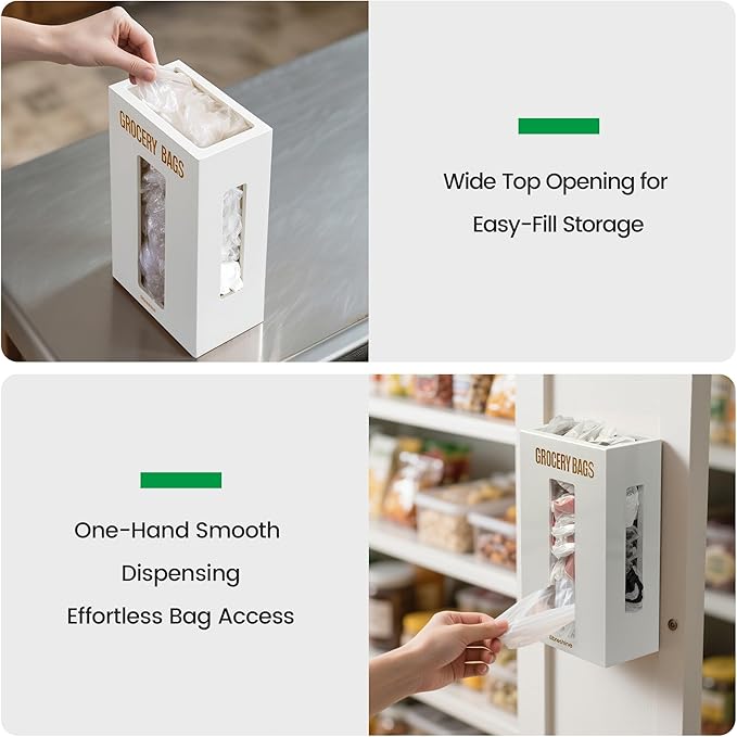 Large Grocery Bag Organizer Under Sink, Plastic Bag Holders for Grocery Bags Cabinet, Bamboo Grocery Bag Holder Wall Mount White