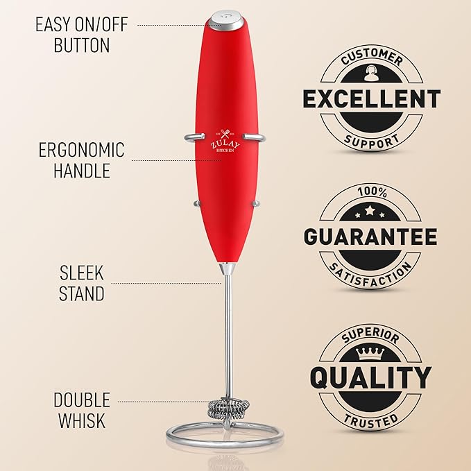 Zulay Kitchen Whisk Milk Frother with 4 Duracell Batteries - Powerful Handheld Foam Maker for Coffee, Lattes, Matcha, Hot Chocolate & Cappuccinos - Whip Creamy Froth in Seconds