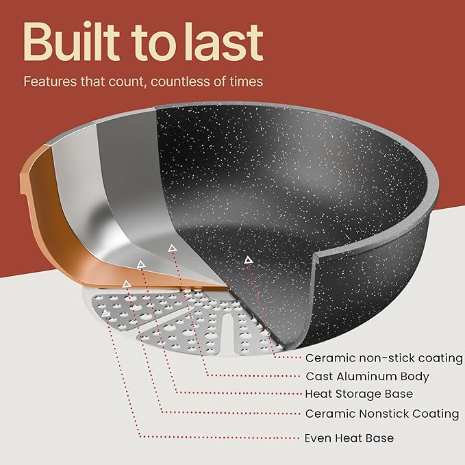 Pots & Pans Set Non Stick Ceramic-Granite – 14-Piece Cookware with Detachable Handles, Stackable Space-Saving, Dishwasher Safe, Oven & All-Stove Safe, Tempered Glass Lids, Black Granite