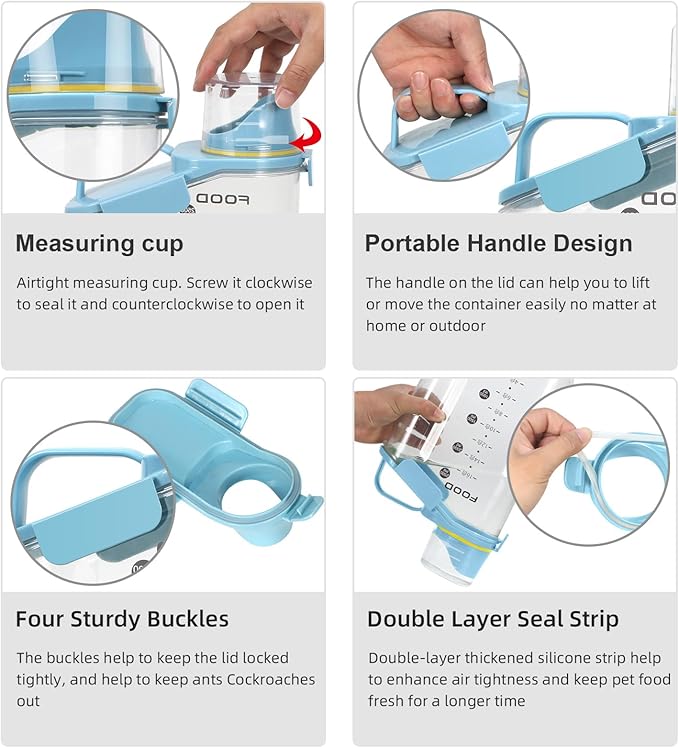 3-5Lbs Small Cat and Dog Food Storage Containers BPA Free, Airtight Pet Food Storage Containers with Large Pour Spout/1 Measuring Cup/ 3 Safety Locks and double-layer silicone strip（Bright Blue 1Pack）