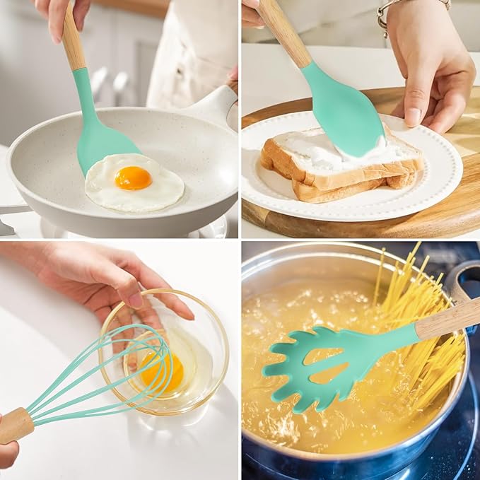 12-Piece Silicone Kitchen Utensils Set with Wooden Handle, Non-Stick & Heat Resistant Cooking Utensils (446°F), Includes Spatula, Spoon, Turner, Tongs, Whisk, Great for Home Cooks-Green
