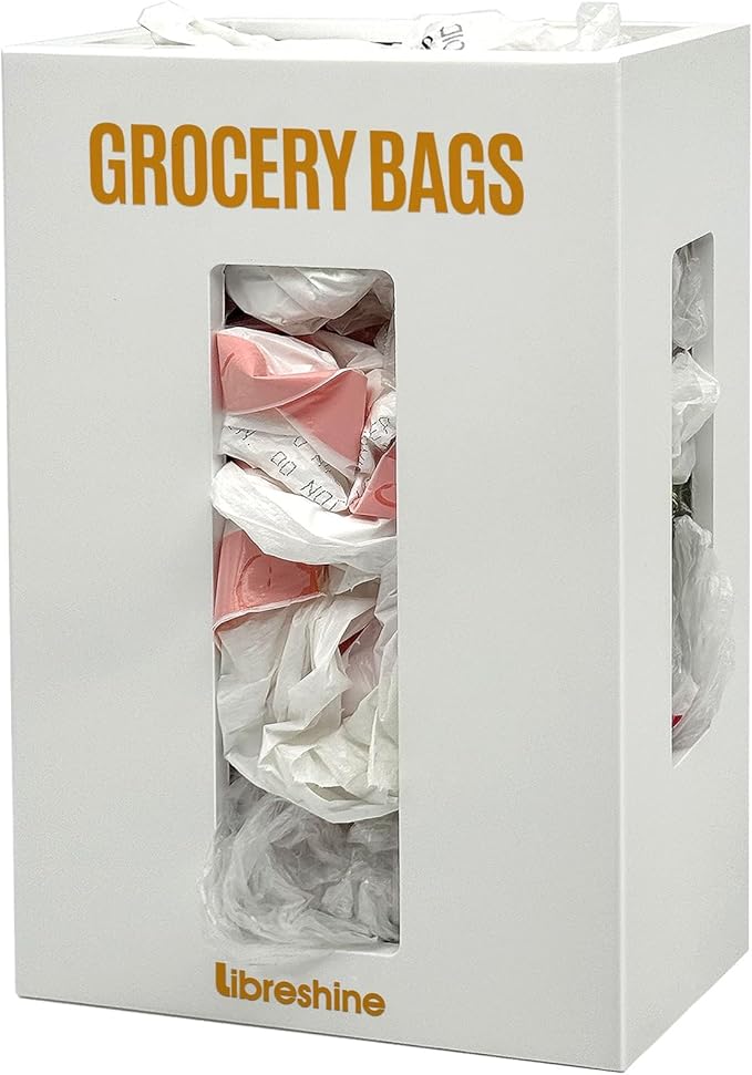 Large Grocery Bag Organizer Under Sink, Plastic Bag Holders for Grocery Bags Cabinet, Bamboo Grocery Bag Holder Wall Mount White