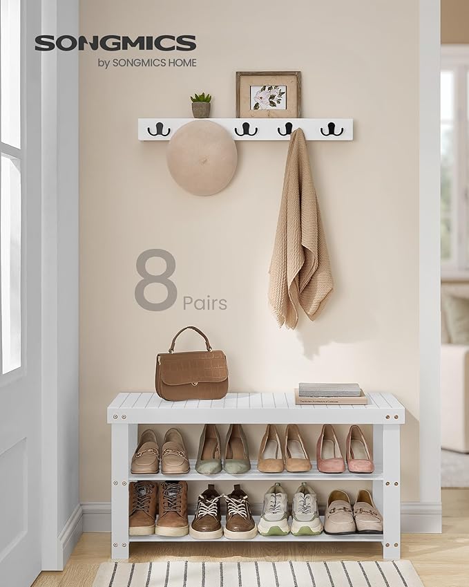 SONGMICS Shoe Rack Bench, 3-Tier Bamboo Shoe Storage Organizer, Entryway Bench, Holds Up to 286 lb, 11.3 x 35.4 x 17.8 Inches, for Entryway Bathroom Bedroom, Cloud White ULBS090W01