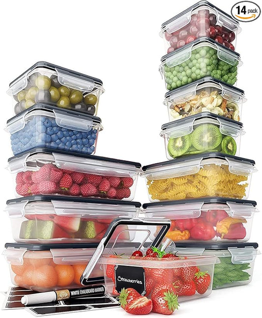 Chef's Path 28 Piece Airtight Food Storage Containers with Easy Snap Lids, 14 Containers and Lids, Stackable Kitchen and Pantry Canisters for Coffee, Meal Prep and Food Storage -Transparent