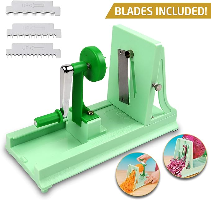 Japanese Turning Vegetable Spiralizer, Veggie Spiralizer For Fresh Zucchini, Squash, Butternut Squash with 1 Straight-Edged Blade and 3 Serrated Blades Multiple