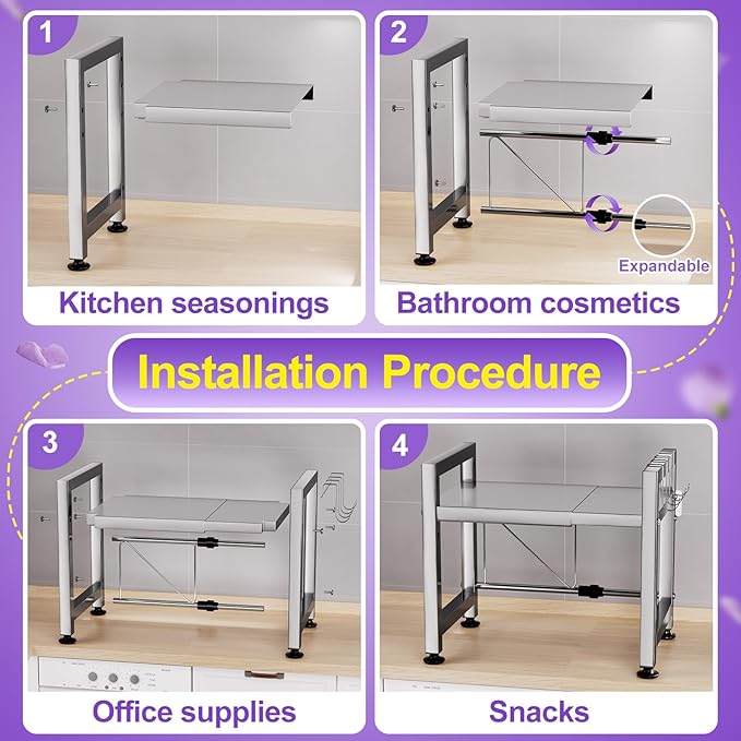 Extendable Microwave Oven Rack, Microwave Shelf Adjustable Over Microwave Stand Countertop 2-Tier Stainless Steel Organizing Rack with 4 Hooks for Kitchen Utensils Tableware Storage