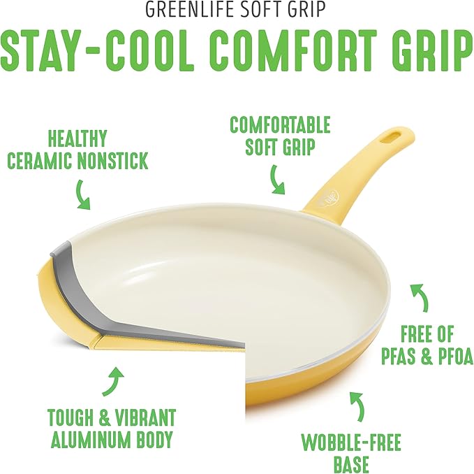 GreenLife Soft Grip 1QT and 2QT Saucepan Set, Healthy Ceramic Nonstick, Non Toxic PFAS & PFOA-Free, Dishwasher Safe, Glass Lids, Stay-Cool Handles, Easy Clean Cookware, Kitchen Essentials, Yellow
