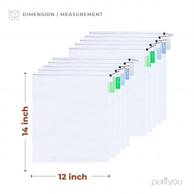 purifyou Set of 10 Reusable Produce Bags - Large (12x14), Farmers Market Bags, Washable Shopping Bags, Gift Bags, Storage for Fruits, Vegetables, Toys, Groceries, Kitchen and Home Organizer