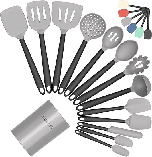 Coukre Silicone Kitchen Cooking Utensils Set with Holder – Heat-Resistant, Food-Grade Kitchen Tools, Spatula, Spoon & Gadgets for Non-Stick Pans, Dishwasher Safe (14, Gray)