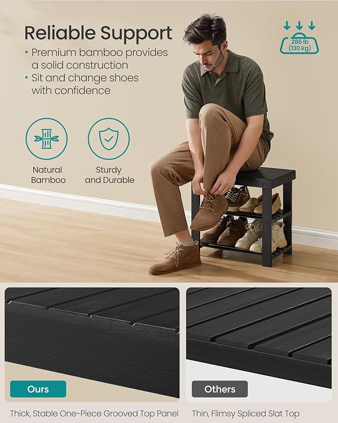 SONGMICS Shoe Rack Bench, 3-Tier Bamboo Shoe Storage Organizer, Entryway Bench, Holds Up to 286 lb, 11.3 x 19.7 x 17.8 Inches, for Entryway Bathroom Bedroom, Ink Black ULBS001B01