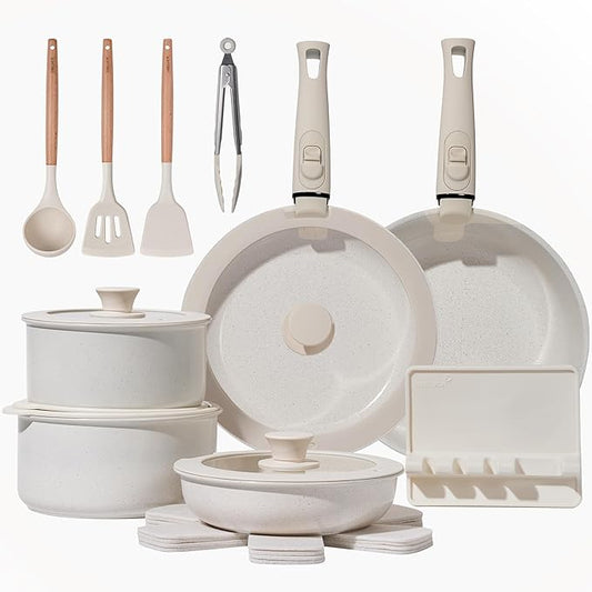Pots and Pans Set Healthy Non toxic Non Stick Ceramic Cookware Set 21 Pcs Detachable Handles, Oven Safe, Induction Dishwasher, Stackable Frying Pan (PFOS, PFOA Free),Cream White