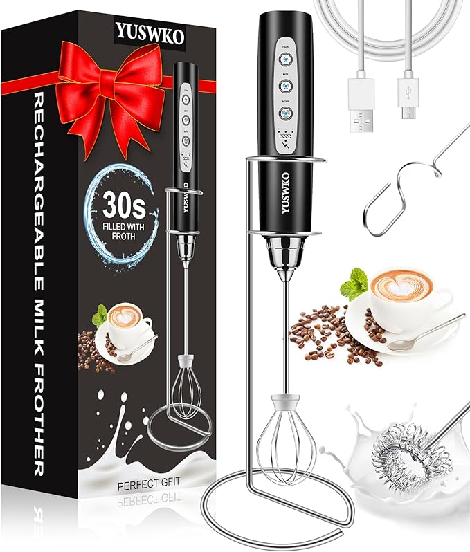 YUSWKO Milk Frother Handheld for Coffee with Stand, Rechargeable Drink Mixer with 3 Heads 3 Speeds Electric Coffee Frother Whisk, Gift for Many Occasions and Festival