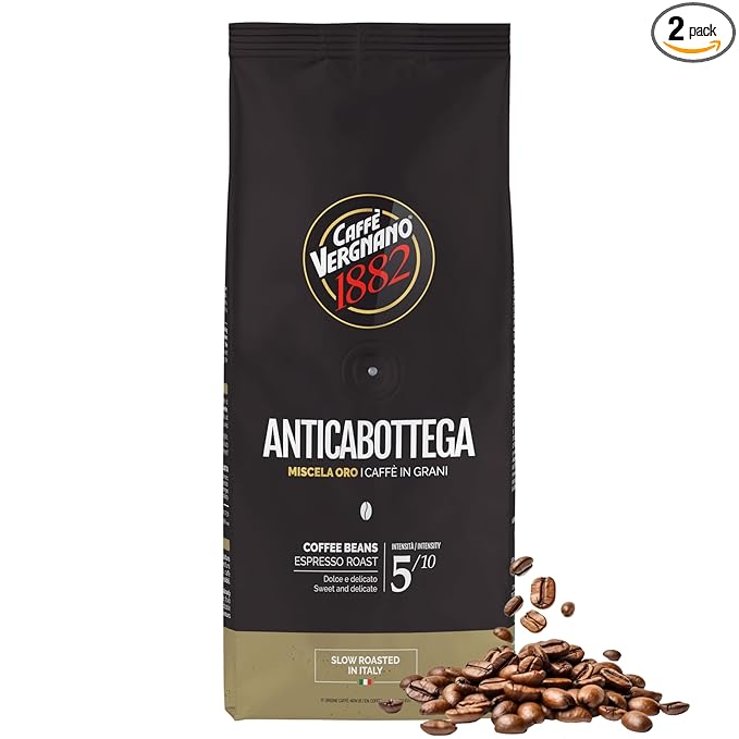 Caffe Vergnano 1882 Antica Bottega Whole Bean Arabica Medium Roast Espresso, 2.2 lbs Bag - Italian Coffee Beans with notes of Chocolate, Nuts & Caramel, Intensity 5/10-1000g Bag (2 Pack)
