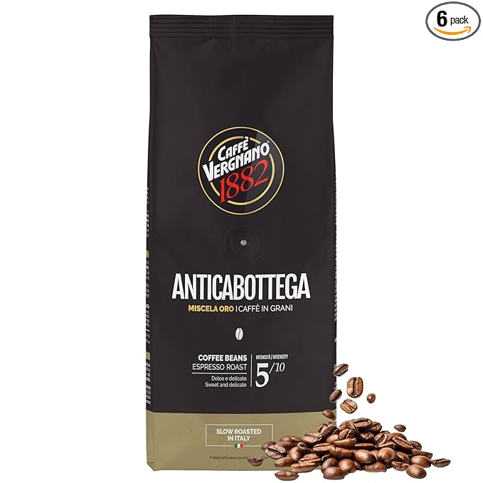 Caffe Vergnano 1882 Antica Bottega Whole Bean Arabica Medium Roast Espresso, 1.1 lbs Bag - Italian Coffee Beans with notes of Chocolate, Nuts & Caramel, Intensity 5/10-500g Bag (6 Pack)