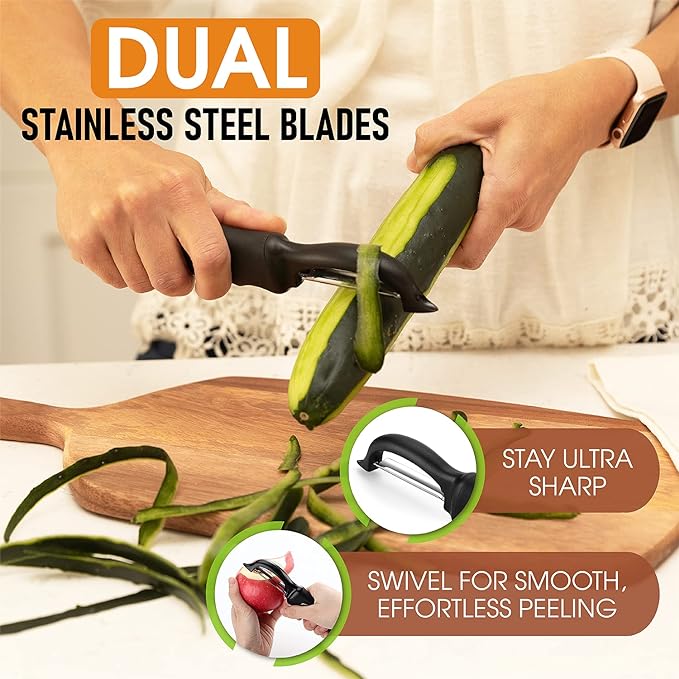 Spring Chef Premium Swivel Vegetable Peeler, Soft Grip Handle and Ultra Sharp Stainless Steel Blades - Perfect Kitchen Peeler For Veggie, Fruit, Potato, Carrot, Apple - Black