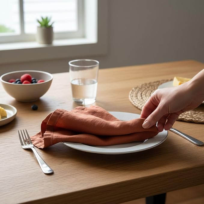 Hemstitched Linen Napkins – 20 Inch x 20 Inch – Stonewashed Pure Linen Cloth Dinner Napkins with Mitered Corners - 100% French Flax – Machine Washable - Set of 4 (Rustic Orange)